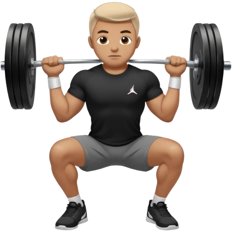 Hombre vestido con playera negra, pants gris y tenis blancos tipo jordan haciendo sentadilla libre con barra con un disco de 20 kilos por lado  emoji