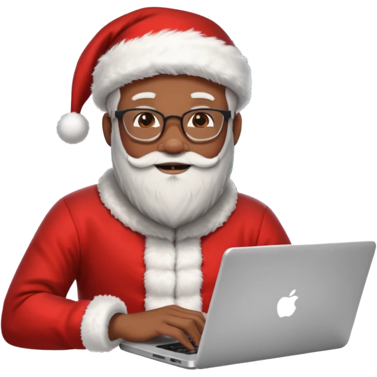 Jeune développeur homme de teint noir, assis devant un ordinateur portable affichant du code, dans une ambiance de week-end festive. À côté de lui se tient le Père Noël, souriant, portant sa tenue traditionnelle rouge et blanche.  emoji