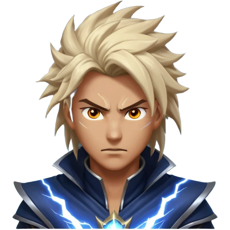 storm rider portrait, head and shoulders only, wind-swept hair, crackling lightning aura, storm clouds swirling behind, intense glowing eyes, epic fantasy vibe, 3D cartoon, mobile game icon style, clean background, no text, no watermark
 emoji