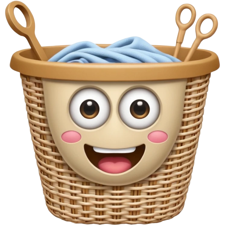Laundry basket with magic wand and eyes and a mouth emoji