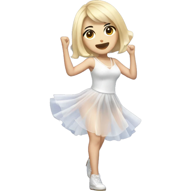 A female kpop idol, dancing with a clear dress, with a face microphone emoji