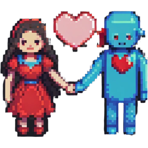 pixel art characters holding hands with heart emoji