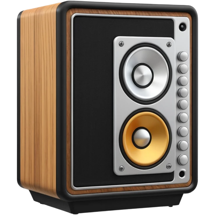 3D render of Speaker Stack, vintage 1980s audio equipment aesthetic, tactile analog buttons, matte black cabinet with a large white cone center, mixed wood grain and brushed aluminum textures, Apple emoji style, isolated on white background --v 6.0 emoji