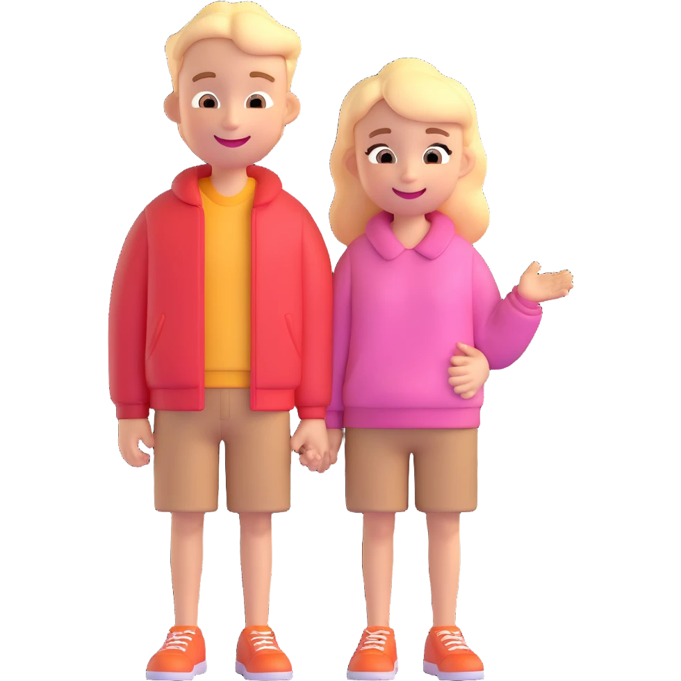 Two smiling cartoon-style characters standing close together, one slightly taller, cheerful expressions, matching clothes or colors, white background, emoji style emoji