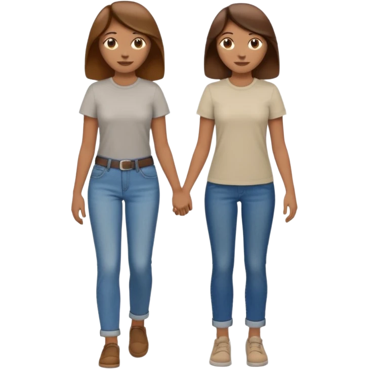 based on emoji style, two people walking together, They are not holding hands. one is brown-haired woman, wearing a shirt,  Another one is a non-binary person, wearing t shirt and jeans, and the second person doesn't have anything on their hands.  emoji