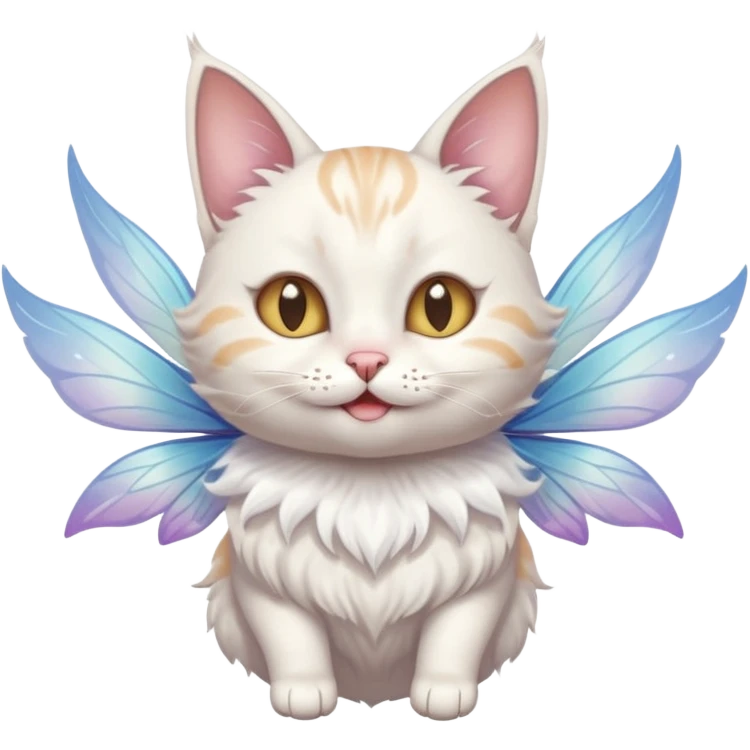 A cat with fairy wings, floating mid-air with a mischievous smirk, portrait, bust up emoji