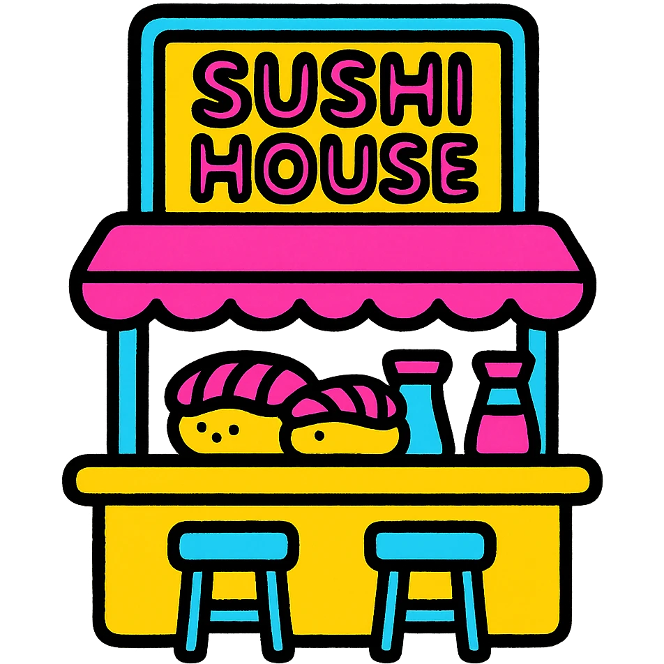 sushi house, modern sushi bar, neon sign, vibrant pop art style emoji
