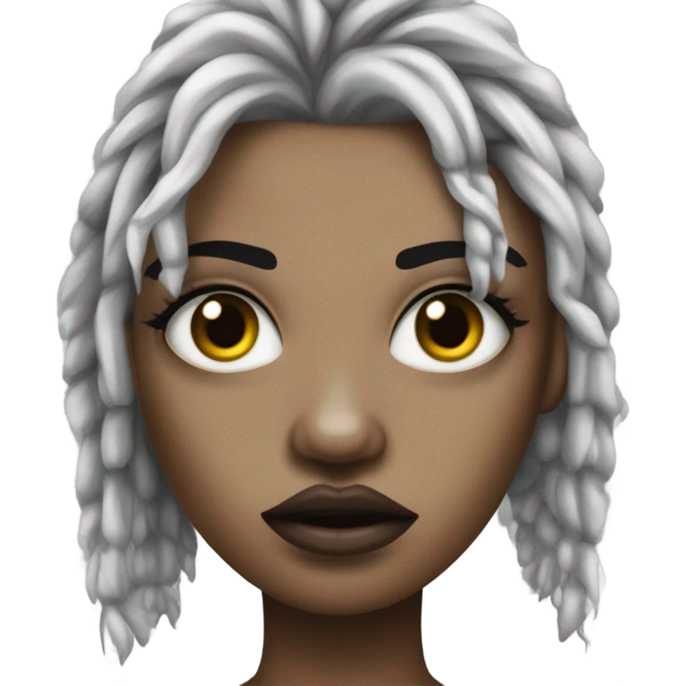 uma mulher zumbi, cabelos pretos, franja acima da sobrancelha, olhos castanhos, side labret piercing, piercing duplo aba nasal e no septo emoji