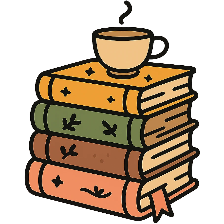 A cute stack of books with a cozy and magical vibe, each book bound in soft, harmonious colors: golden orange (FA9B41), forest green (4A7C5C), warm taupe brown (96775A), and pastel peach (FFCC9A). The books are slightly worn with rounded corners and decorative covers featuring tiny stars, floral motifs, or whimsical patterns. A ribbon bookmark peeks out from one, and a small cup of tea or magical trinket rests on top of the stack. The lighting is warm and gentle, with a dreamy, storybook feel. The overall scene feels inviting, charming, and gently enchanted. emoji