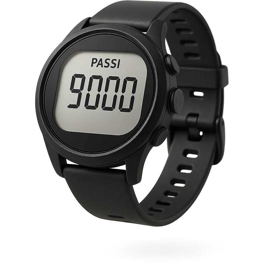 orologio contapassi che segna 9.000 passi sul display in italiano, fluttua in aria, iperrealistica 4k, isolato su sfondo bianco emoji