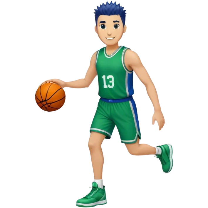 Full Body heavy tall white male with dark short spike hair basketball player wearing blue green uniform smiling emoji