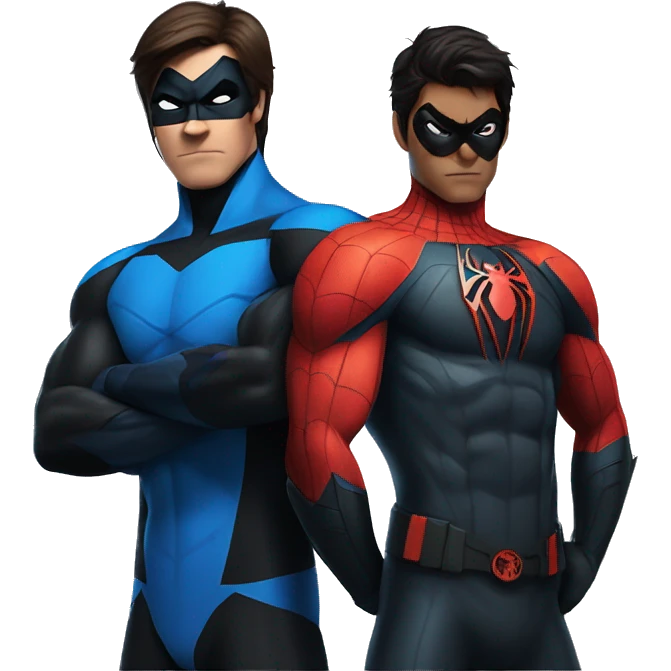 Nightwing standing with arms crossed back to back with Spider-Man standing with arms crossed emoji