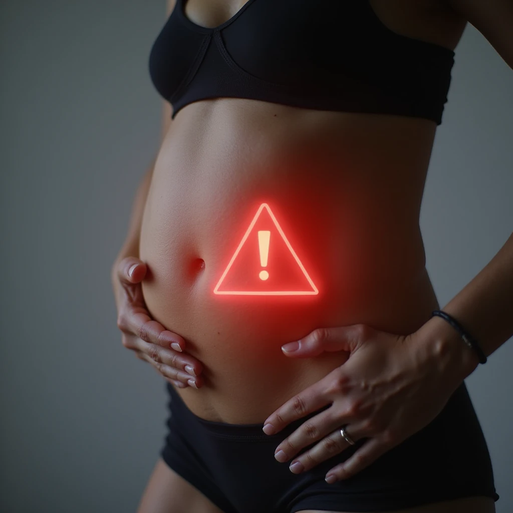 close-up of woman with PCOS, serious look, abdominal area highlighted by glowing halo and red warning icon, Italian text: 'Grasso sulla pancia? Campanello d’allarme metabolico', neutral background, 4K quality emoji