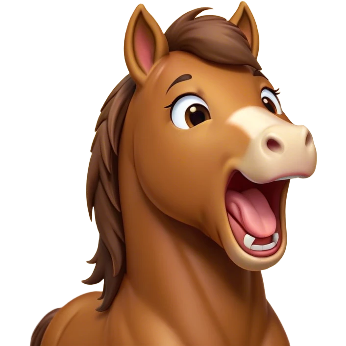 Cinematic Cute Yawning Bay Horse Portrait Emoji, Head tilted slightly with a dramatic, wide-open yawn, revealing a smooth bay fur with a subtle luster, floppy ears slightly drooping, round amber eyes barely open in drowsy contentment, Simplified yet irresistibly adorable features, highly detailed, glowing with a soft, cozy glow, high shine, relaxed yet expressive, stylized with a touch of equine whimsy, bright and endearing, soft glowing outline, capturing the essence of a sleepy yet affectionate horse, so drowsy it feels like it could stretch out of the screen and curl up for a nap! emoji