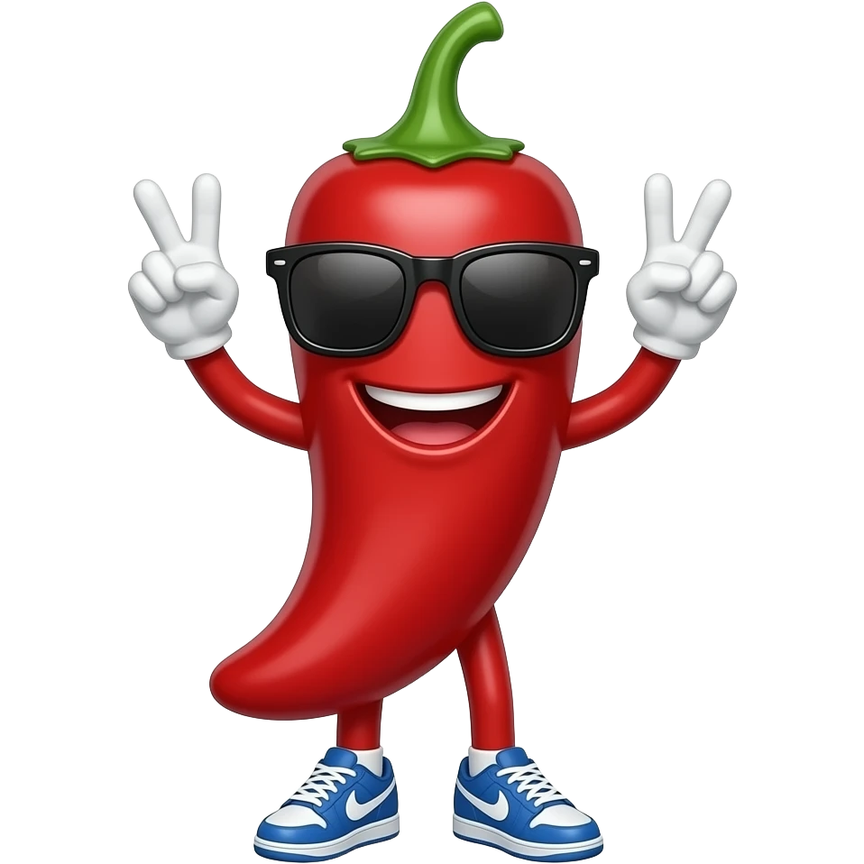 a red jalapenio holding up peice signs with his hands and weaering sun shades with blue nikes with red arms and legs emoji