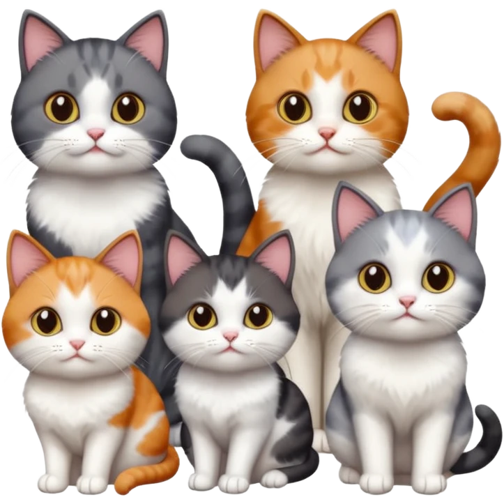 4 different coloured short haired cats including; a dark brown and white cat, and a dark grey and white, and a calico emoji