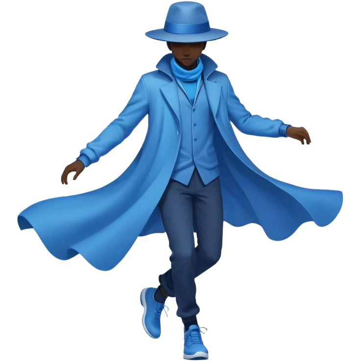 Male silhouette composed of blue ethereal flowing energy with minimal floating wardrobe pieces like hat, jacket and shoes orbiting around it, no facial features emoji