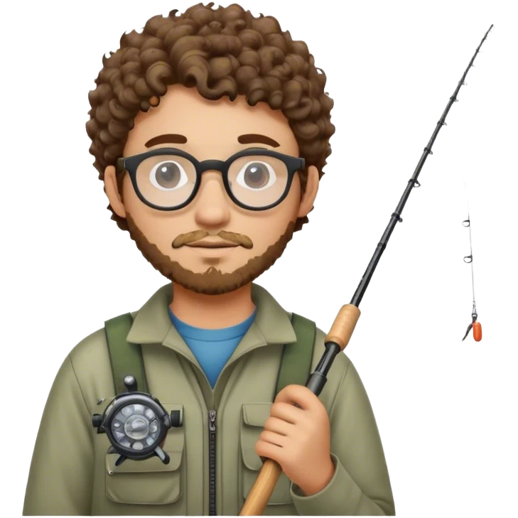 A young adult man with short curly brown hair, round glasses, light beard, wearing fishing gear and holding a fishing rod. emoji