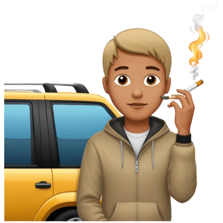 Leaning on the hood of his SUV with a cigarette emoji