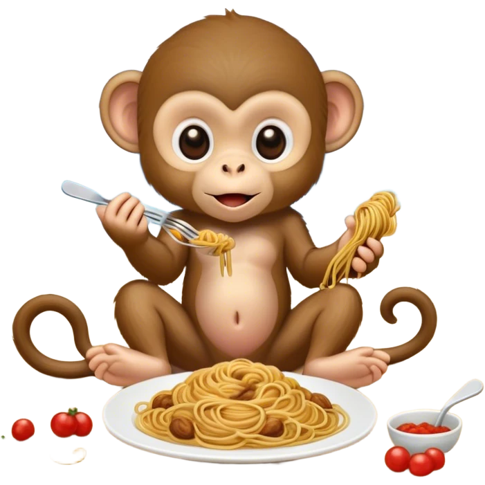 Baby monkey eating spaghetti on the beach with ocean  emoji