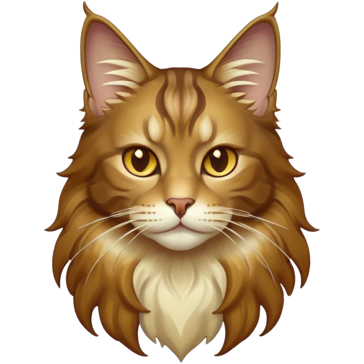 Cinematic Maine Coon Cat Portrait Emoji, Elegant and alert, sleek brown, gold, and cream tones, Simplified yet sharp features, highly detailed, glowing with a warm, confident glow, high shine, intelligent and poised, stylized with an air of grace, focused and attentive, soft glowing outline, capturing the essence of strength and grace, so lifelike it feels as though it could spring into motion with its majestic tail swishing at any moment! emoji