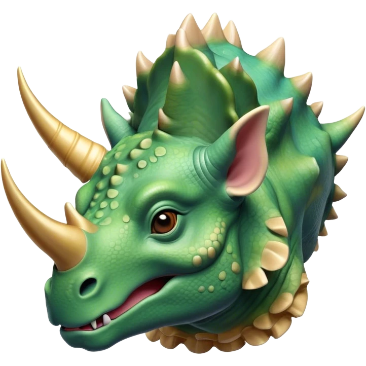 Beautiful and Majestic Triceratops Portrait Emoji, Head and body rendered in serene repose with a gentle, content smile, showcasing a robust, horned form with an intricately frilled head and eyes softly closed in tranquil repose, Simplified yet exquisitely endearing features, highly detailed, glowing with a soft, drowsy prehistoric light, high shine, relaxed and utterly majestic, stylized with an air of ancient splendor, soft glowing outline, capturing the essence of a beautiful and majestic Triceratops that embodies the timeless strength of the ancient world! emoji
