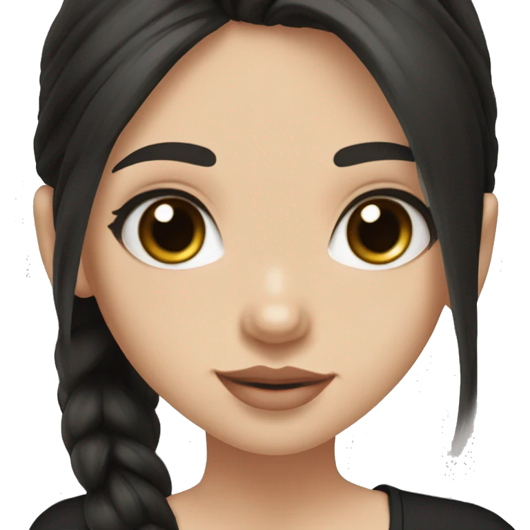 Slavic girl, light skin, long eye lashes, pink beige lips, brown eyes, long black straight hair , black T-shirt, chibi, smiling. emoji