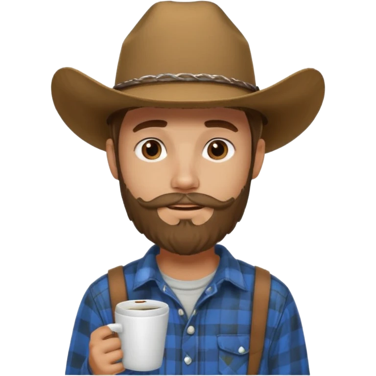 generate an ios genmoji of a 20 year old tan boy with a cowboy hat and french beard. Wearing a flannel and carrying a coffee mug emoji