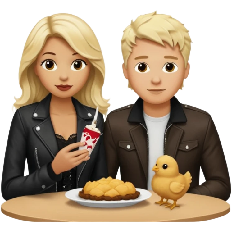 Love tan woman long wavy blonde hair and black lace  with  a white man short spiked blonde hair wearing Brown  jacket eating chick filet  emoji