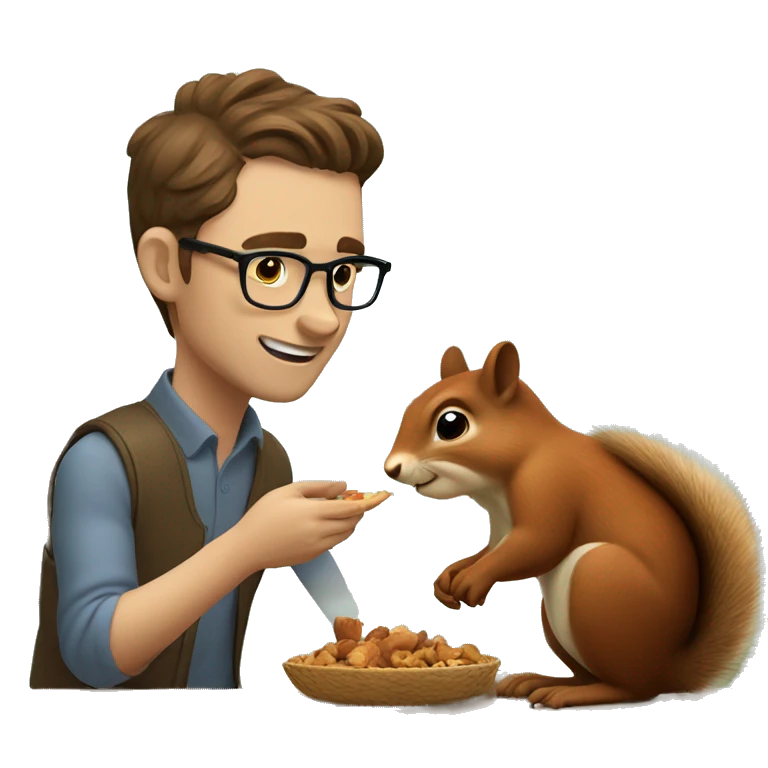 A man with brown hair, glasses and fair skin, feeds a squirrel emoji