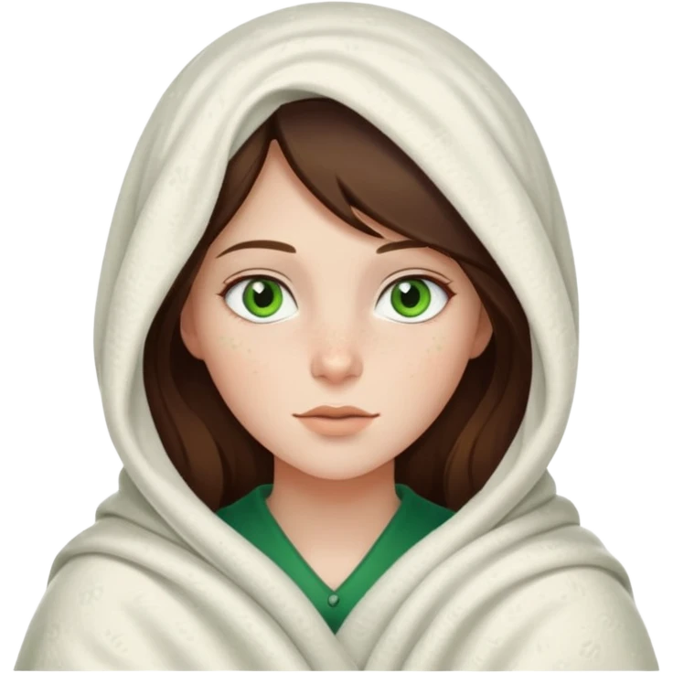 a white brunette girl with green eyes and freckles covered up in a blanket emoji