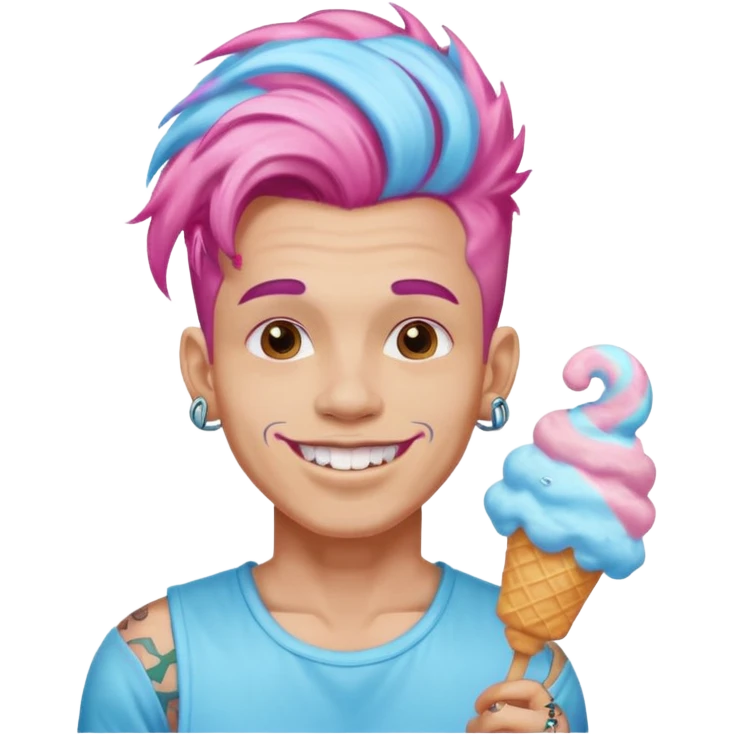 happy colorful haired man made out of cotton candy with braces and tattoos and just face not holting anything emoji