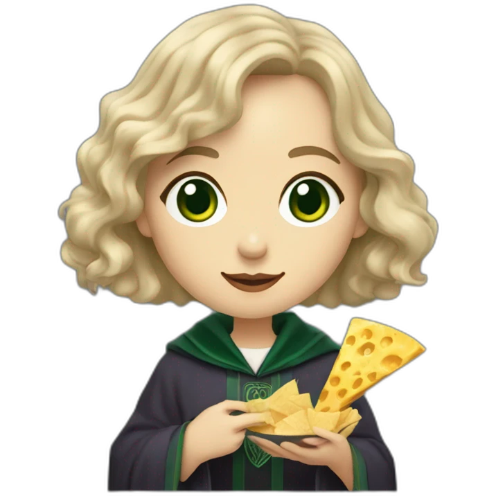 Slytherin girl with short wavy ash blonde bob hair and blue eyes eating chips and cheese hogwarts robe emoji