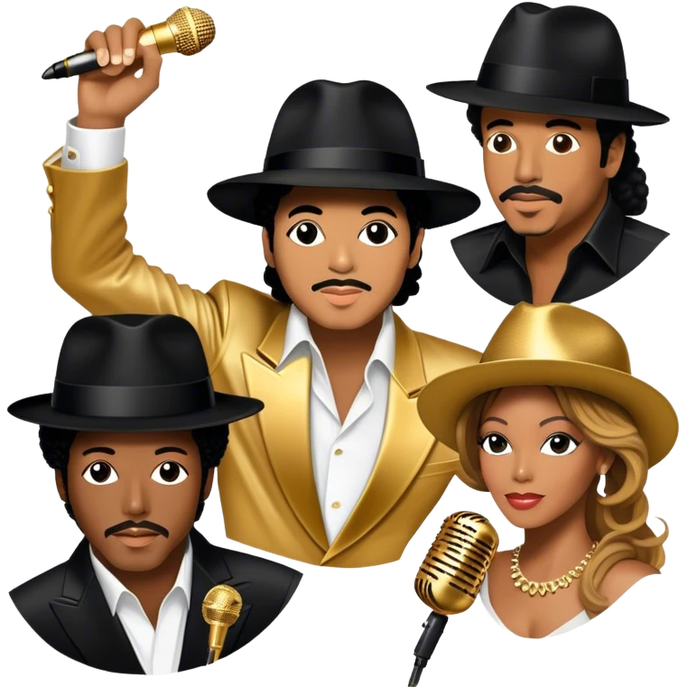 Icon for R&B Music: collage of iconic R&B artists—Michael Jackson, Beyoncé, Lionel Richie, Whitney Houston, and Barry White. Each artist represented by a silhouette or symbolic item (like a glove, microphone, or fedora). Transparent background. emoji