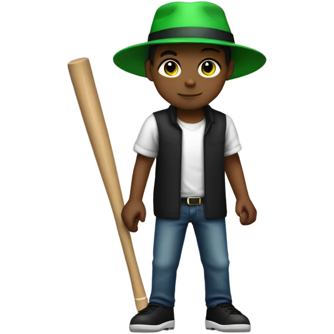 A boy with black hat and a hat on , white shirt with green on the top going to the sleeves , rolled jeans, black shoes on with a baseball bat in his hands  emoji