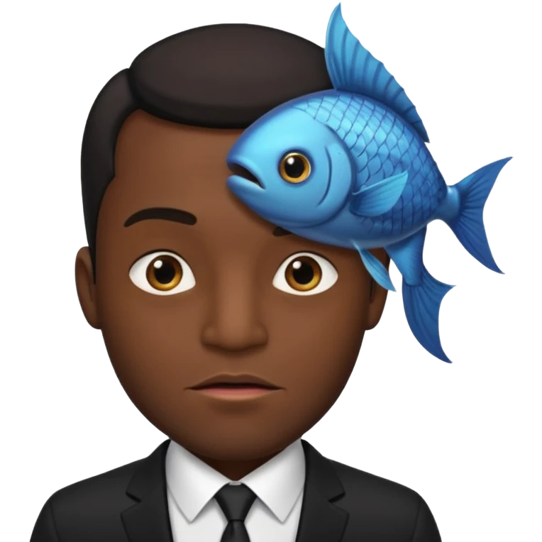 A man dressed in a black suit. His face is that of a fish — therefore, he has NO human face!! The fish’s face is positioned vertically, meaning its mouth is facing upward. Ok? emoji