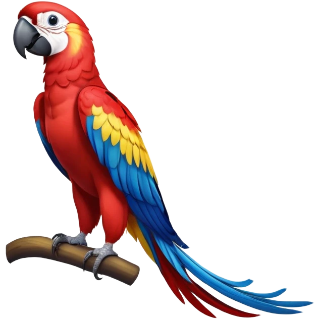 cinematic-macaw-realistic-full-body-standing-emoji,-vibrant-feathers-glowing-with-rich-reds,-blues,-and-yellows,-head-tilted-dramatically,-curved white-beak-gleaming,-piercing-dark-eyes-exuding-confidence,-simplified-yet-realistic-focused emoji