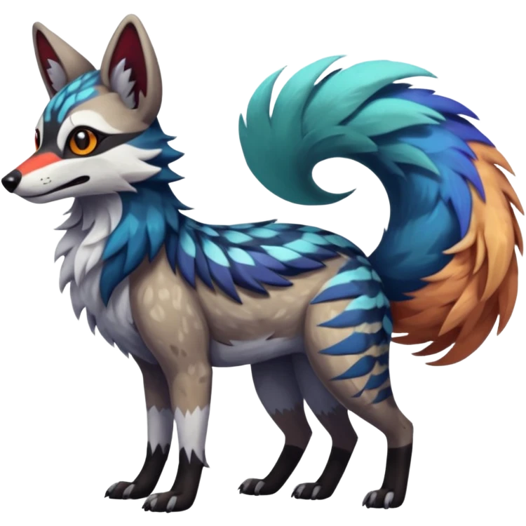 Colorful Silvally-Coywolf-Dingo-Aardwolf-Nargacuga-Trico-Genet-fusion-animal-hybrid-creature, full body emoji