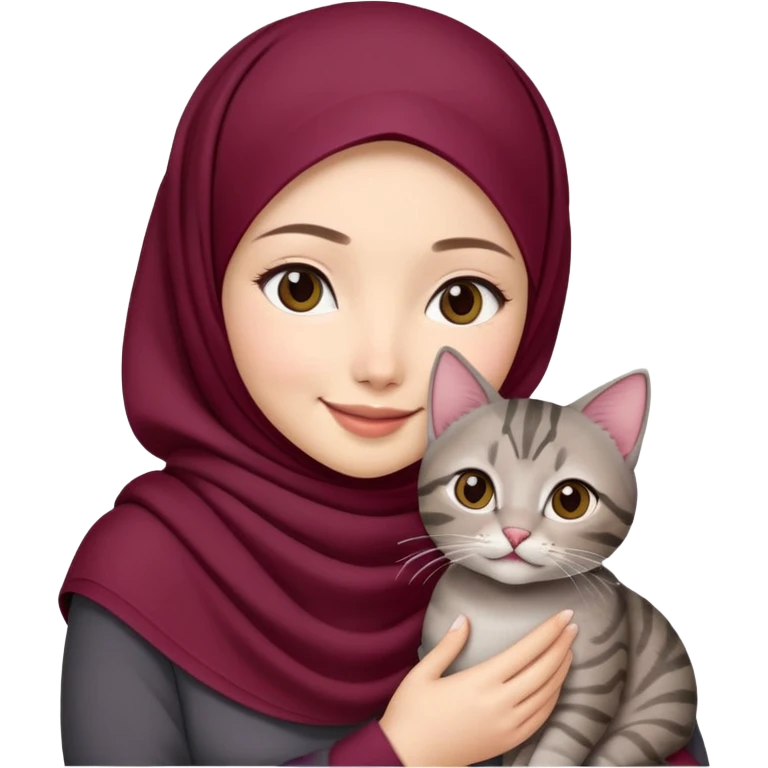 Asian white girl wearing  maroon hijab holding a black grey tabby cat while smiling emoji