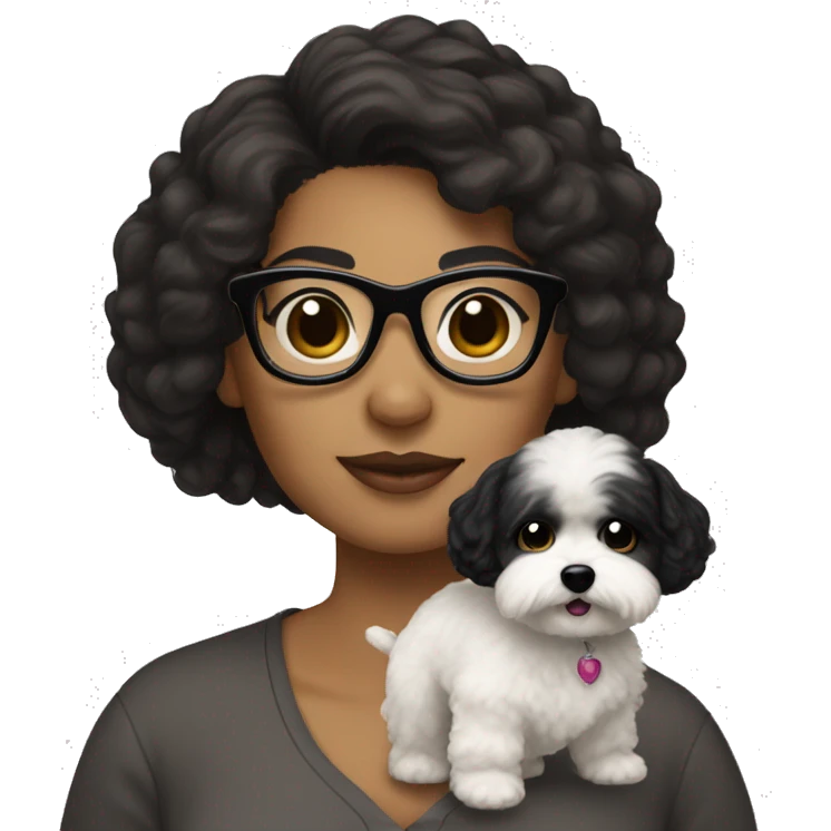 Light brown woman with black hair and black  glasses holding white MaltiPoo emoji