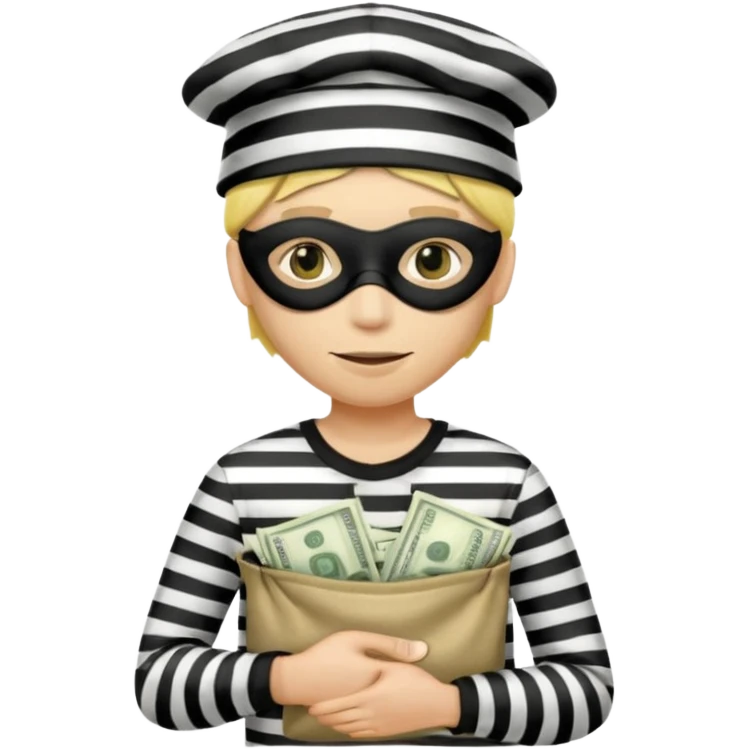 Make a yellow person with eye mask and black and white shirt and bag of money in his hand and a robber hat on emoji