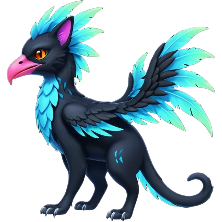 Black Dark Exotic Tropical Beaked Feathery Nocturnal Neon-glowing Abyssal Nightly Abyss-Cat-Gryphon-Salandit-Silvally-Fakémon Creature (full body) emoji