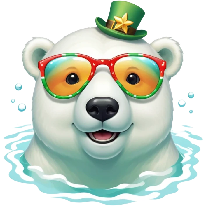 friendly anthropomorphised polar bear smiling, wearing large multicolored star-shaped glasses and festive St. Patrick's Day outfit, swimming in water emoji