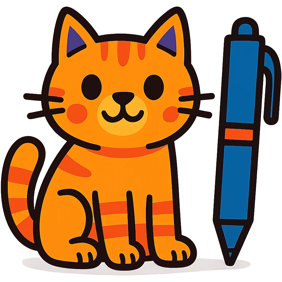 a cat sitting next to a pen, friendly and approachable, vibrant toon style emoji