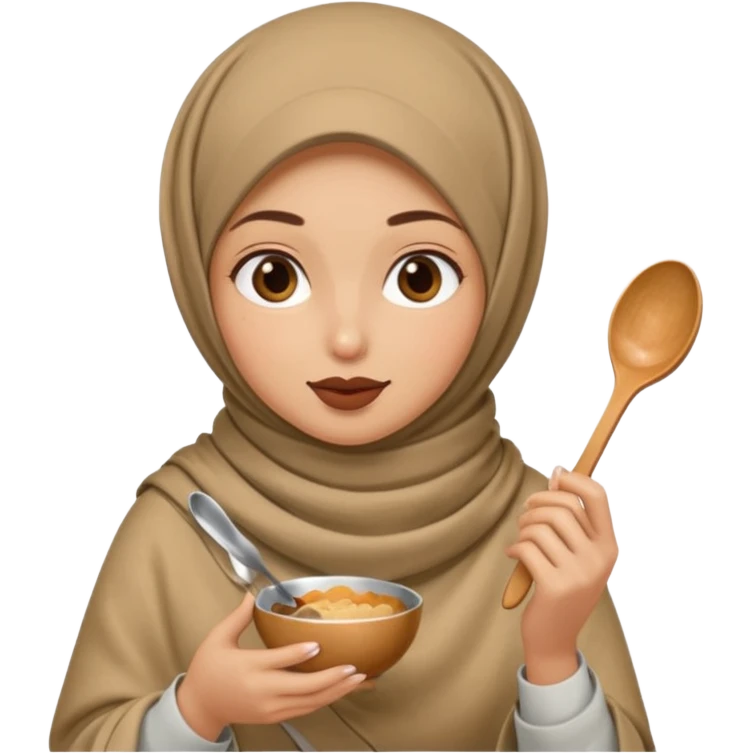 a woman wearing a pashmina hijab is eating while holding a spoon emoji