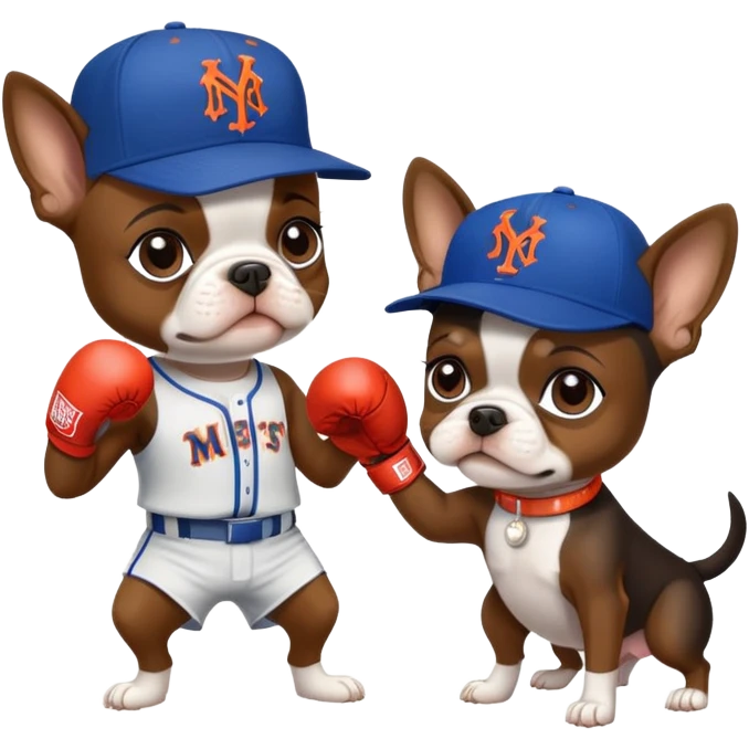Brown Boston terrier wearing a New York Mets hat boxing a Yorkie with a New York Yankees hat emoji