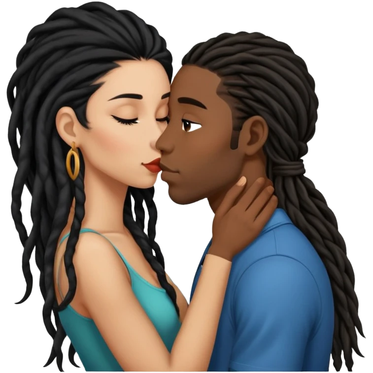 Latina Woman with long hair kissing a young black guy with dreads chin hair emoji