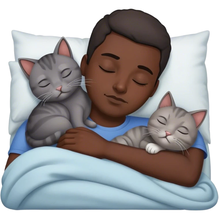 Dark skin man sleeping with two grey cats emoji