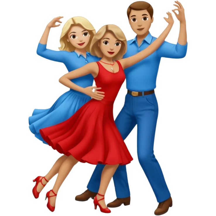 Two people. Man  wearing all red  with brown hair. Women iall blue with blond hair. Swing Dancing.  emoji