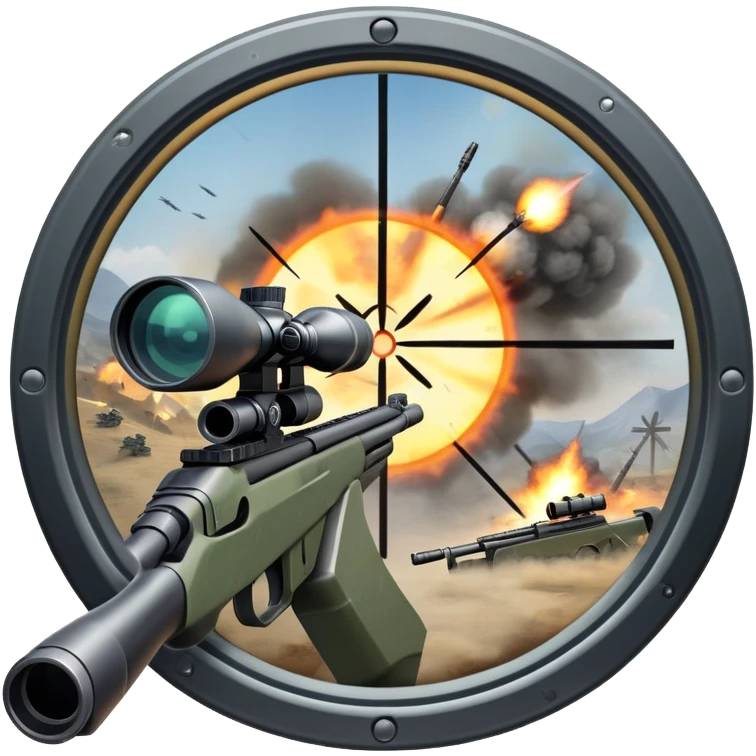 An icon symbolizing first-person shooter games. The design features a circular sniper scope view with crosshairs aimed at a distant target. The background shows a battlefield with soldiers and explosions, capturing the action-packed intensity of FPS games. Transparent background. emoji
